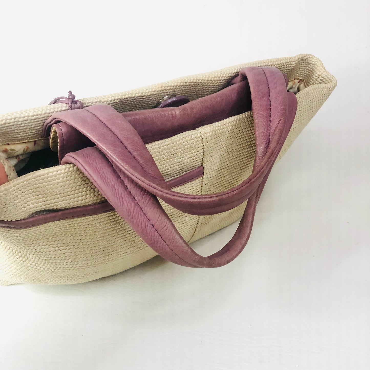 Radley Woven & Leather Beige Lavender Grab Bag Handbag Flower Appliqué Dog Charm