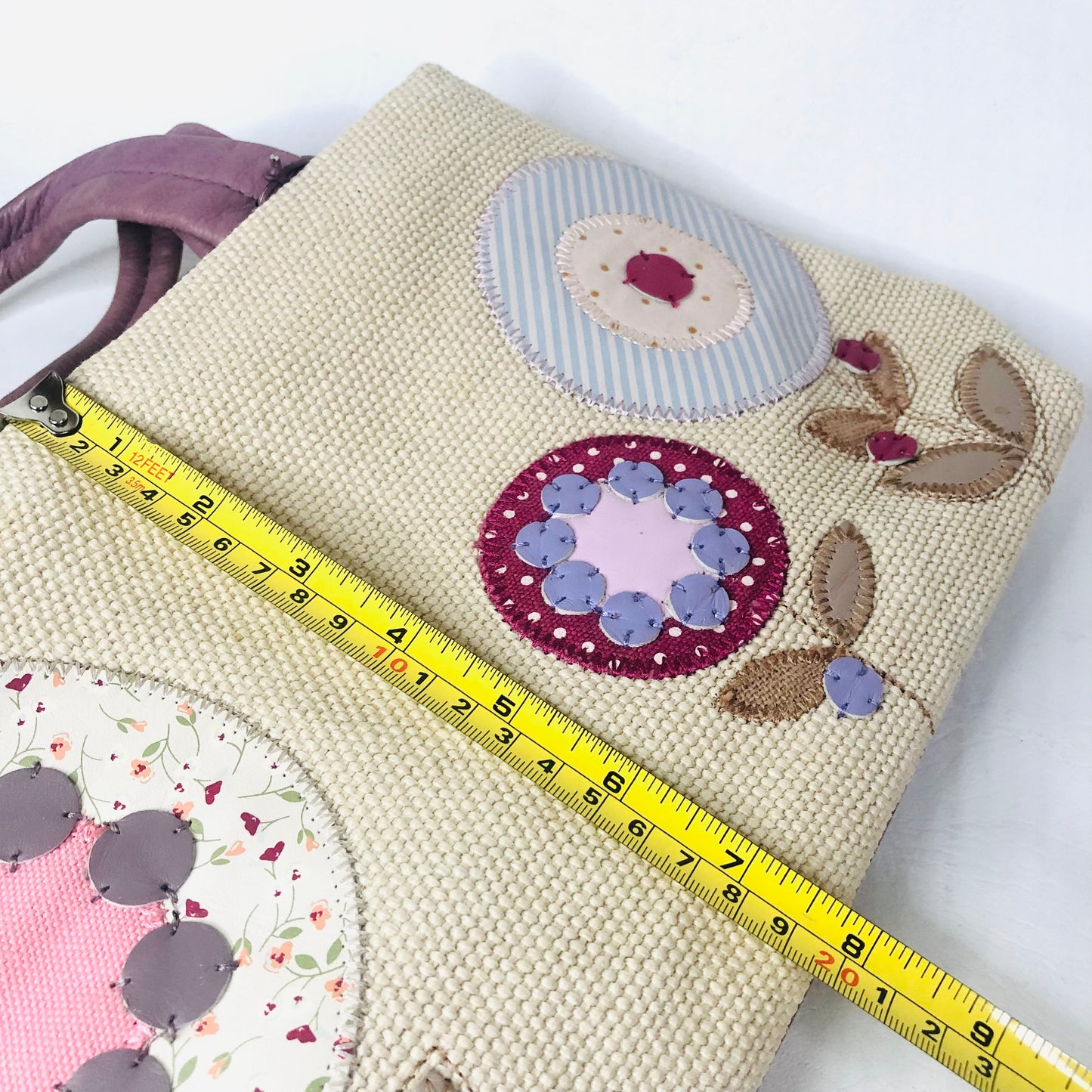 Radley Woven & Leather Beige Lavender Grab Bag Handbag Flower Appliqué Dog Charm