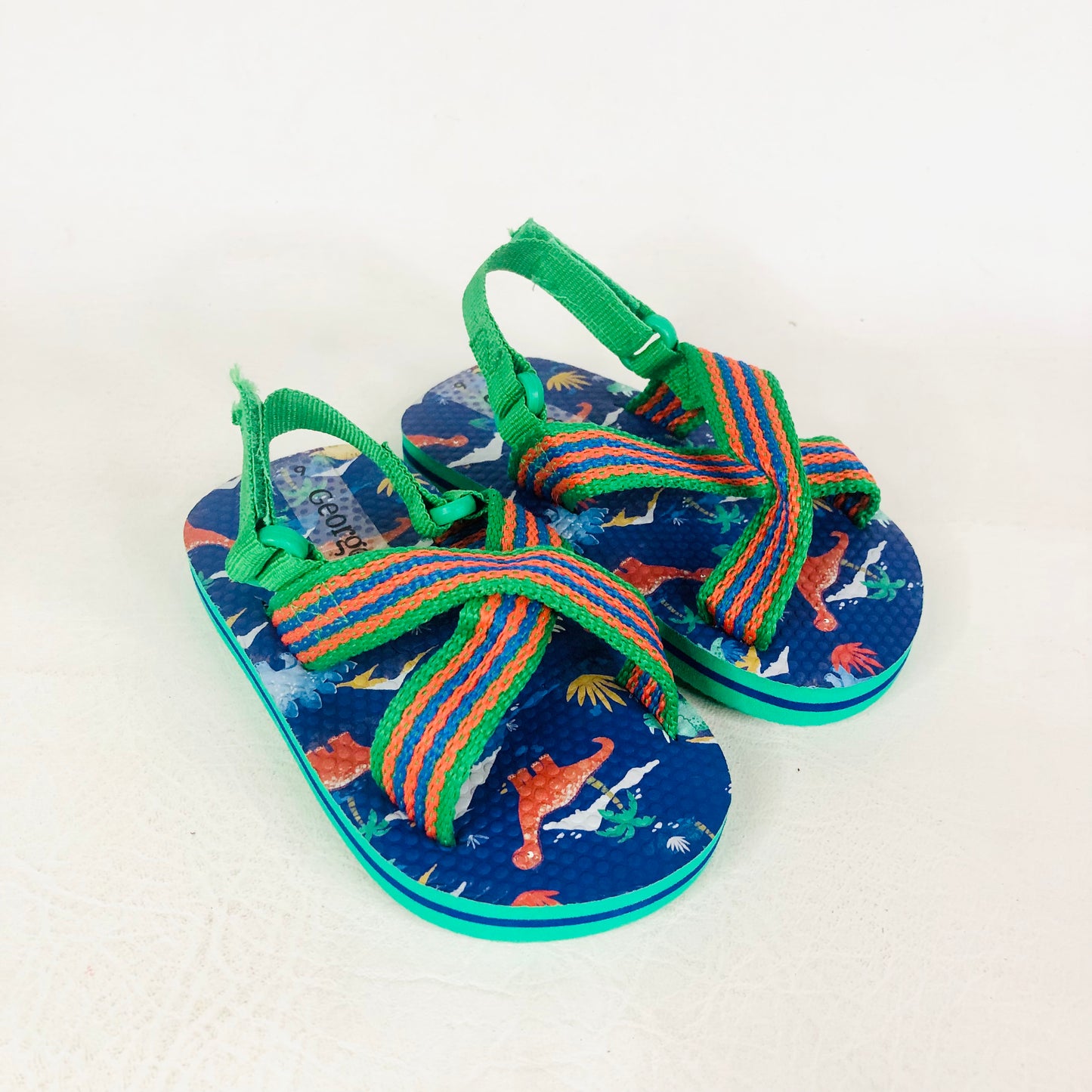 George ASDA Boys Dinosaur Flip Flops Sandals Green/Blue Straps Size 6 (23) NEW