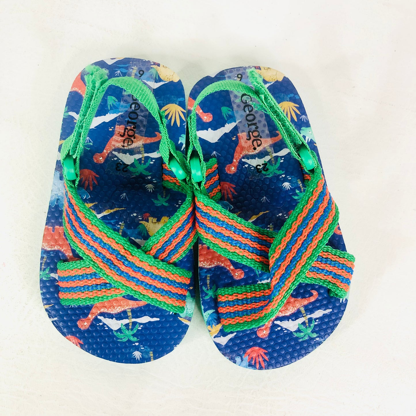 George ASDA Boys Dinosaur Flip Flops Sandals Green/Blue Straps Size 6 (23) NEW