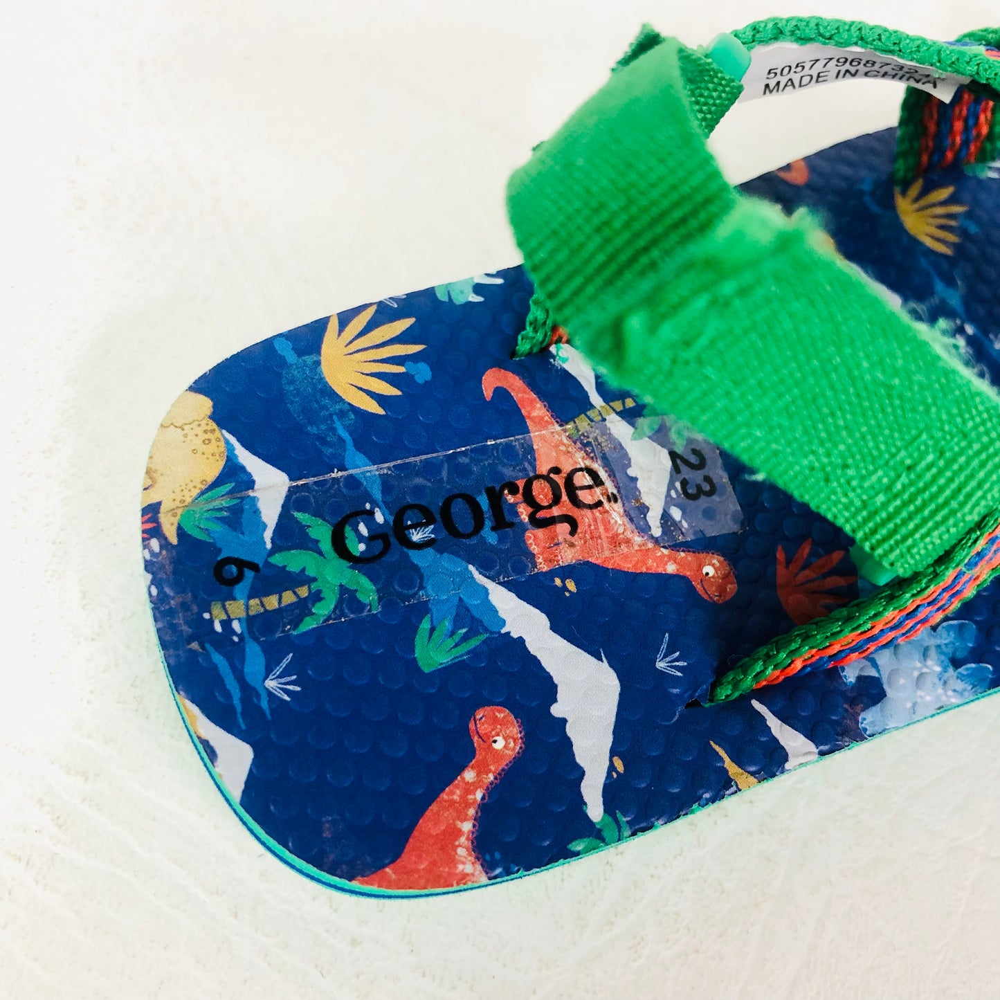 George ASDA Boys Dinosaur Flip Flops Sandals Green/Blue Straps Size 6 (23) NEW