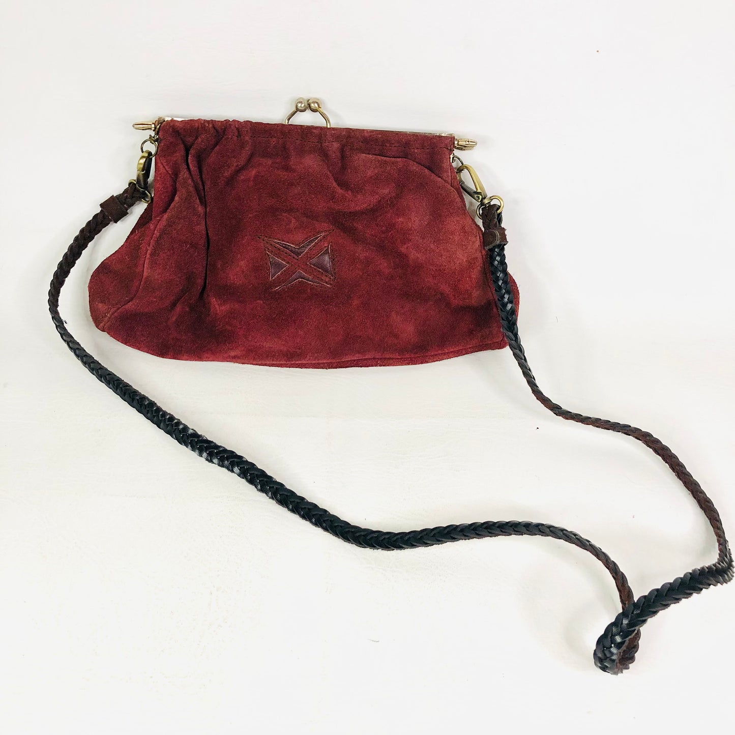 Vintage Burgundy Suede Clutch Bag With Detachable Crossbody Strap