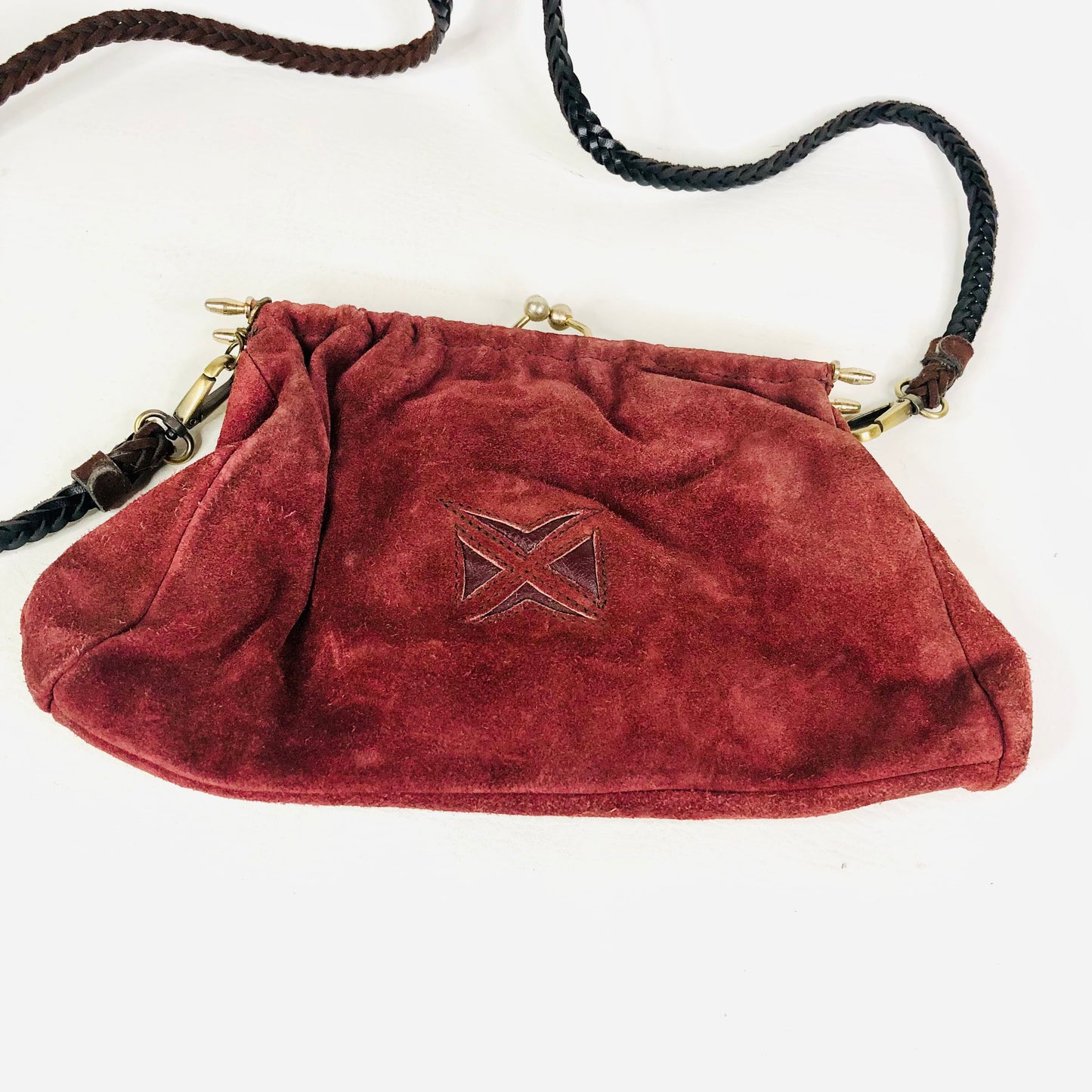 Vintage Burgundy Suede Clutch Bag With Detachable Crossbody Strap