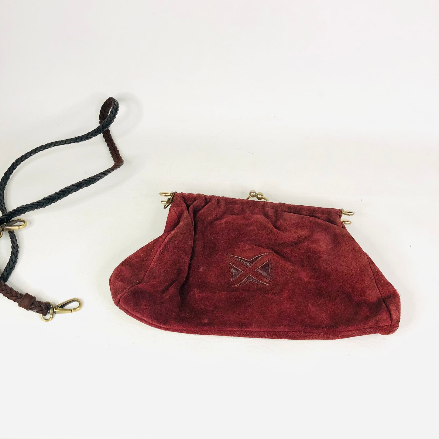Vintage Burgundy Suede Clutch Bag With Detachable Crossbody Strap