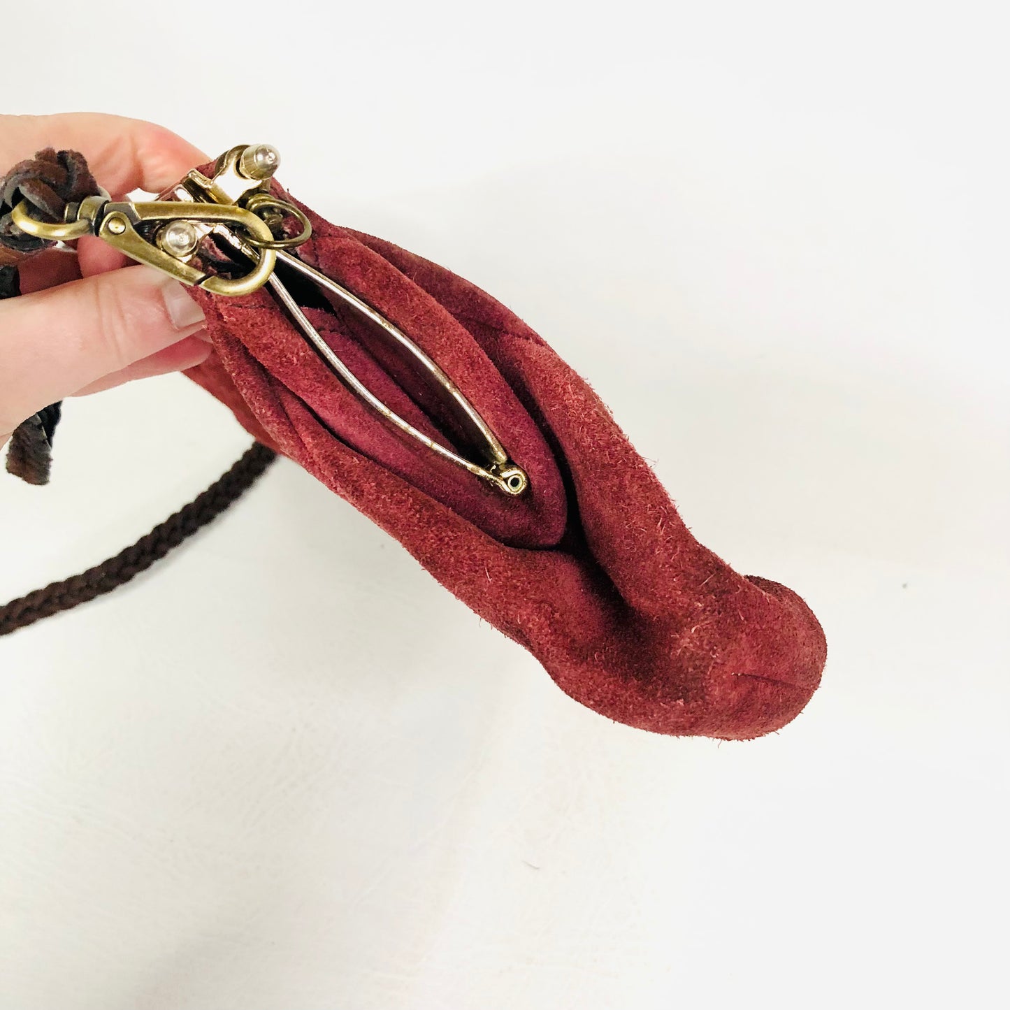 Vintage Burgundy Suede Clutch Bag With Detachable Crossbody Strap