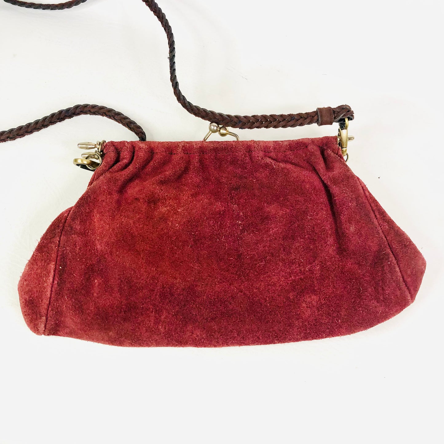 Vintage Burgundy Suede Clutch Bag With Detachable Crossbody Strap