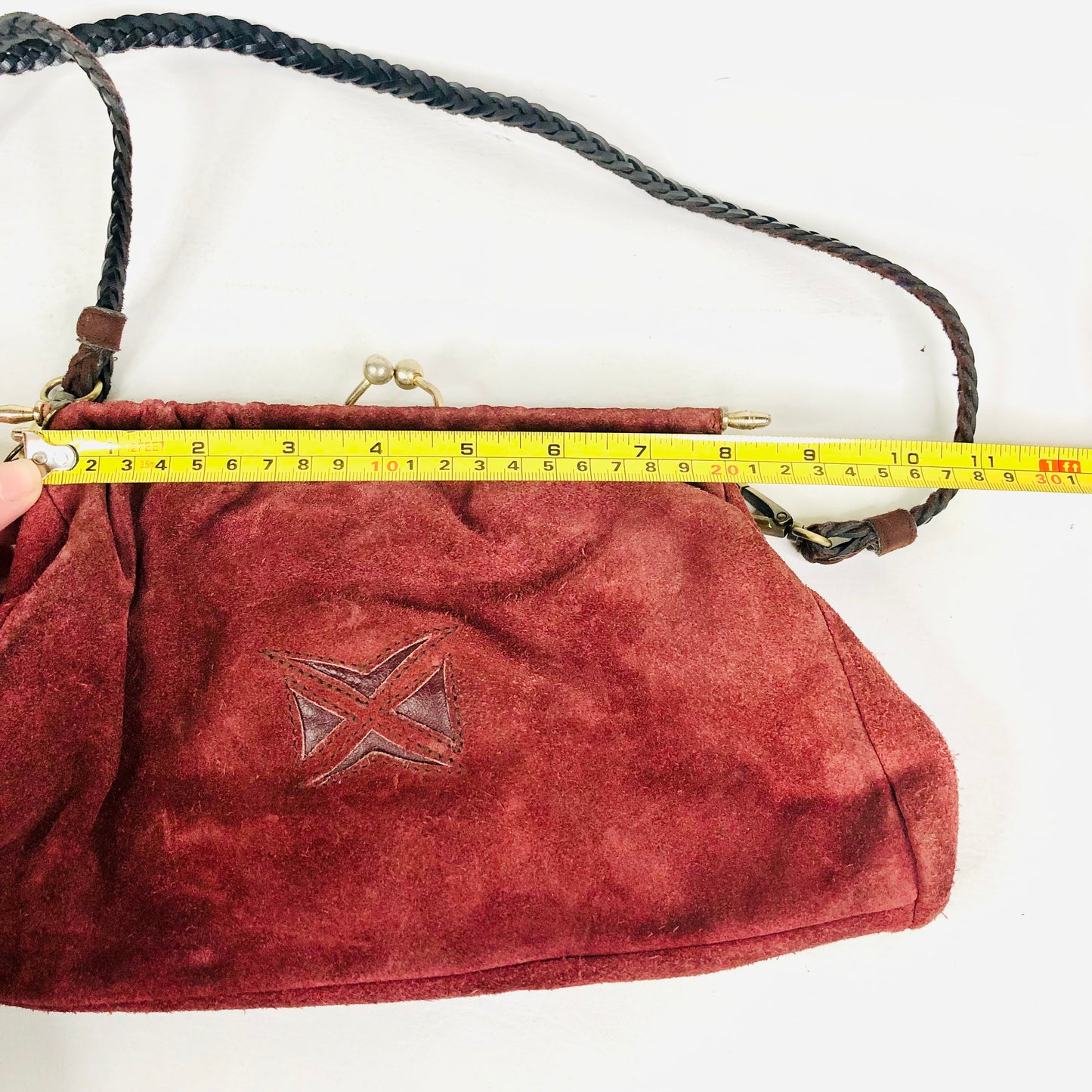 Vintage Burgundy Suede Clutch Bag With Detachable Crossbody Strap