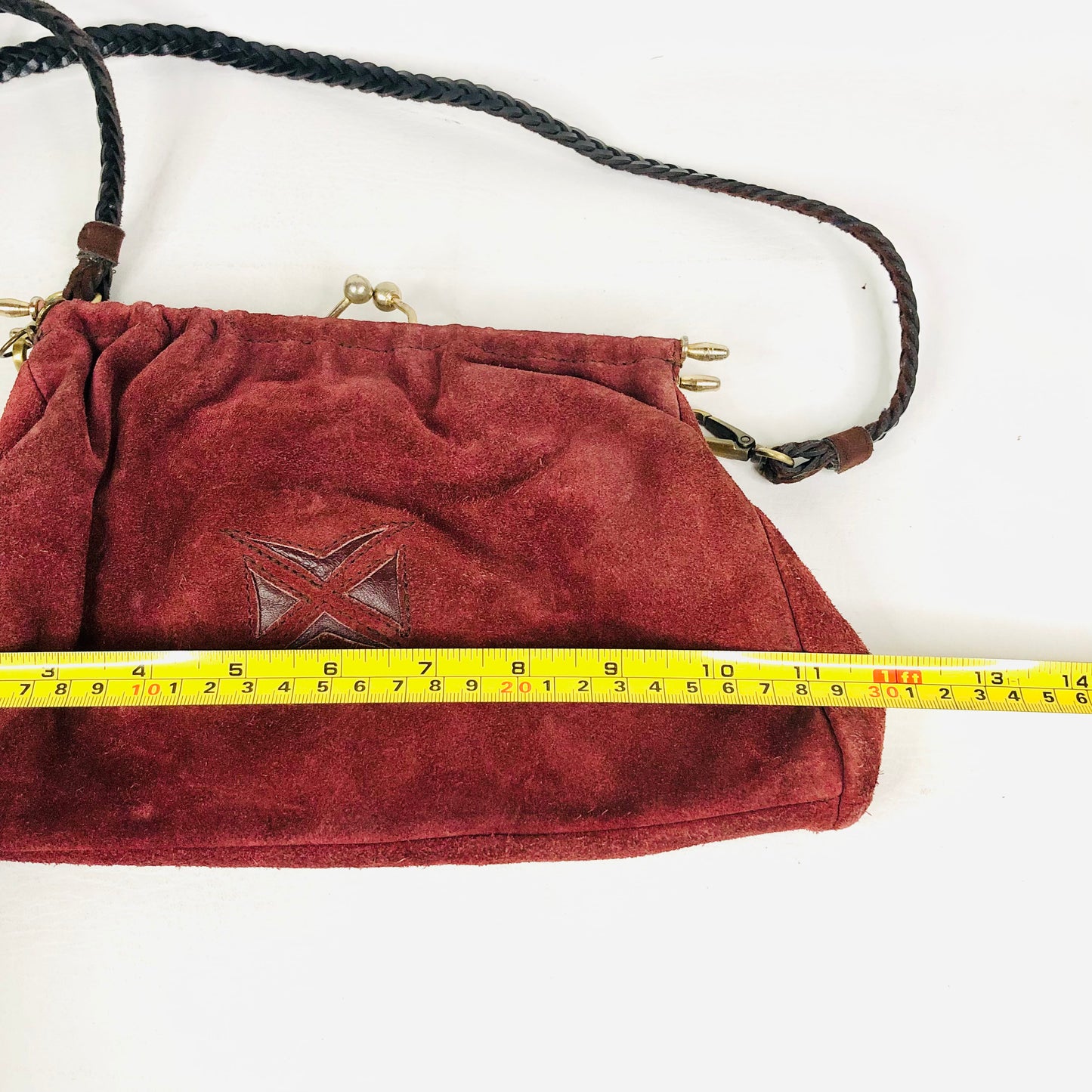 Vintage Burgundy Suede Clutch Bag With Detachable Crossbody Strap
