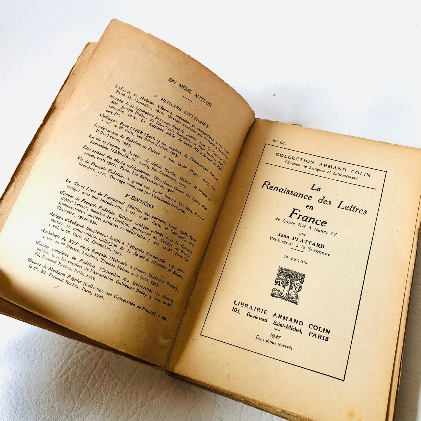 Vintage La Renaissance Des Lettres En France Jean Plattard Collection Armand Colin 1947 Book