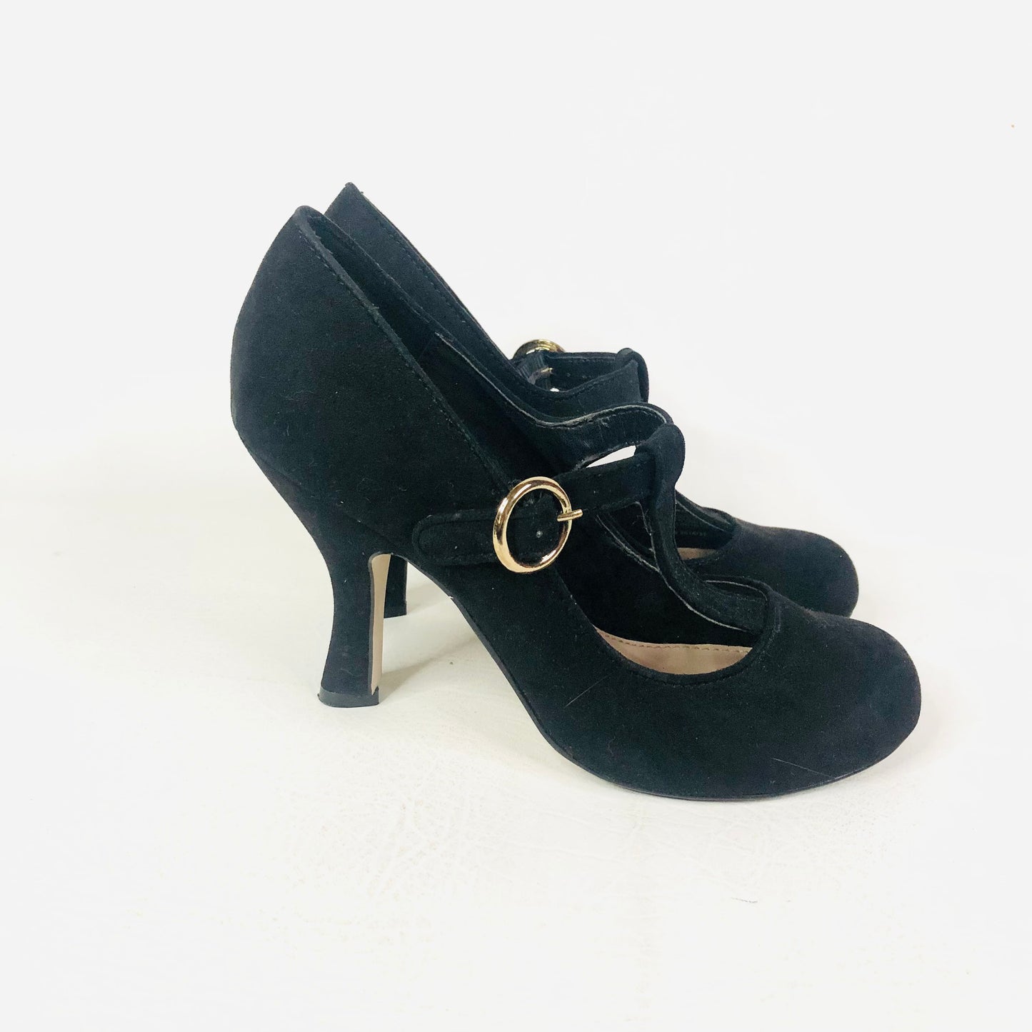 Miss KG Black Faux Suede Spool Heels Mary Jane T-bar Court Shoe Size 4 (37)