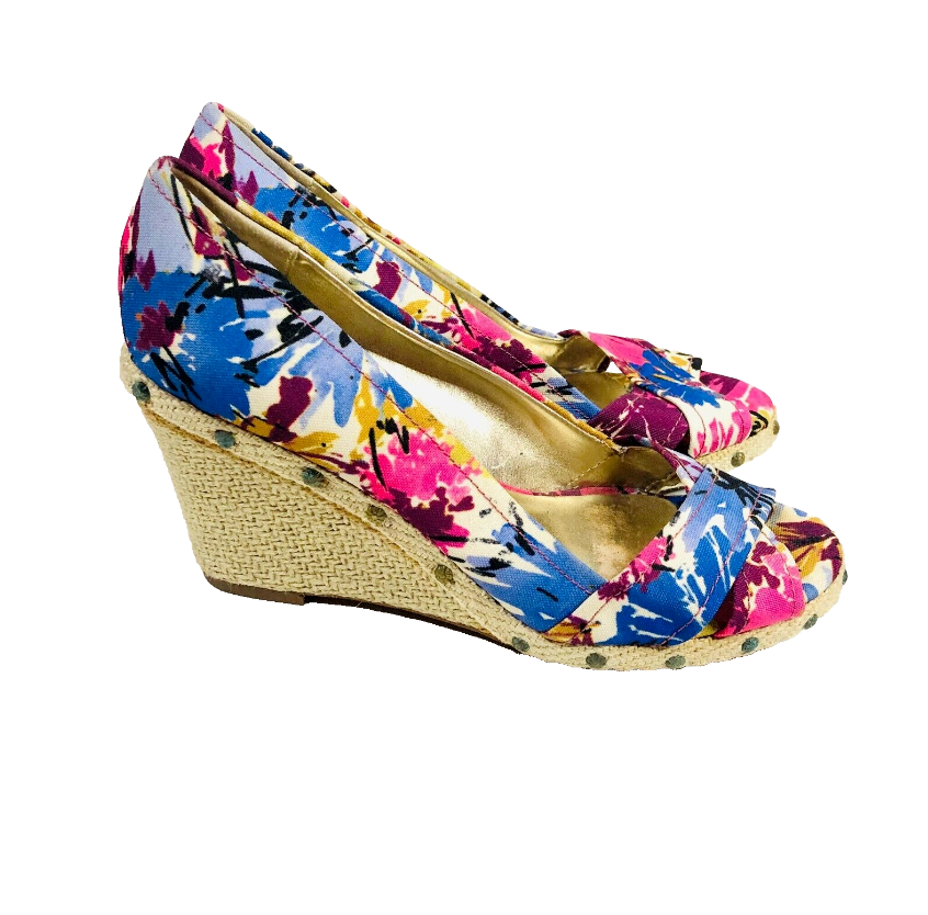 Anne Klein Floral Fabric Wedge Peep Toe Sandals Coastal Sunkiss Tropical Size 5