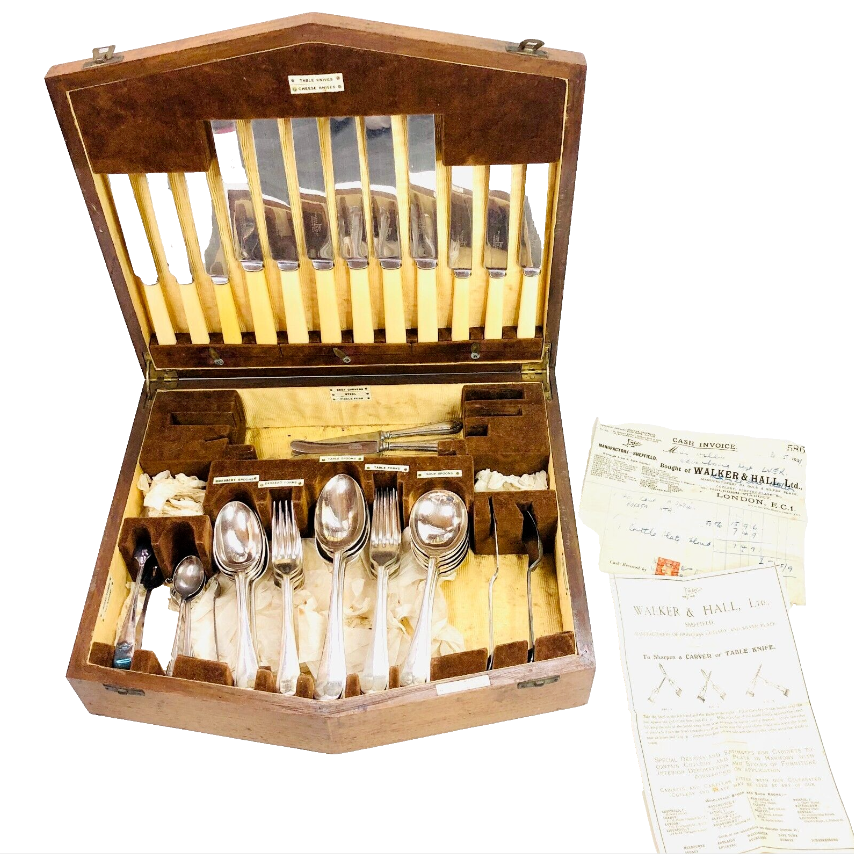 Walker & Hall 1930's art deco oak case silver cutlery canteen 50 piece Vintage