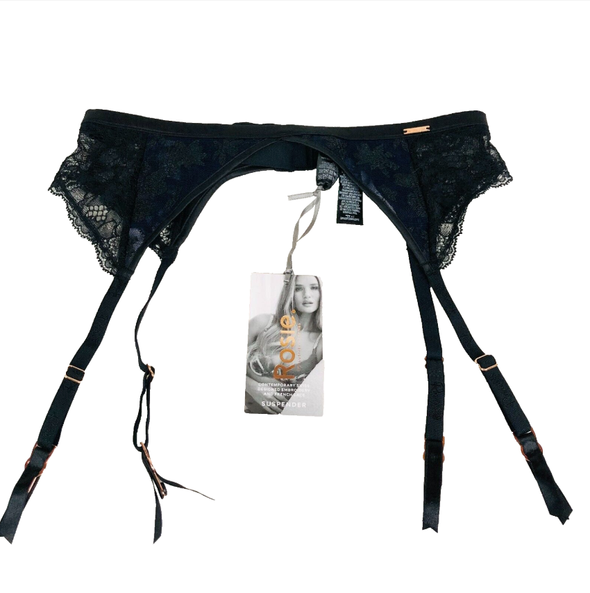 M&S Rosie Marks & Spencer Blue & Black Lace & Satin Suspender Belt Size 10 NEW