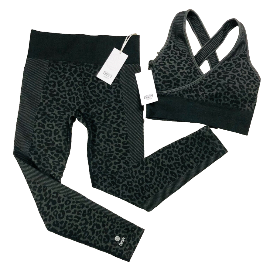 Biba Active Sports Bra & High Waist Leggings Gym Set Black Leopard Size 12 NEW
