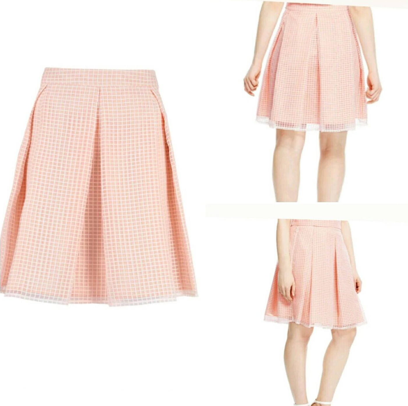 Marks & Spencer Petit Peach White Pleated Lined Skater Knee Length Skirt Size 10