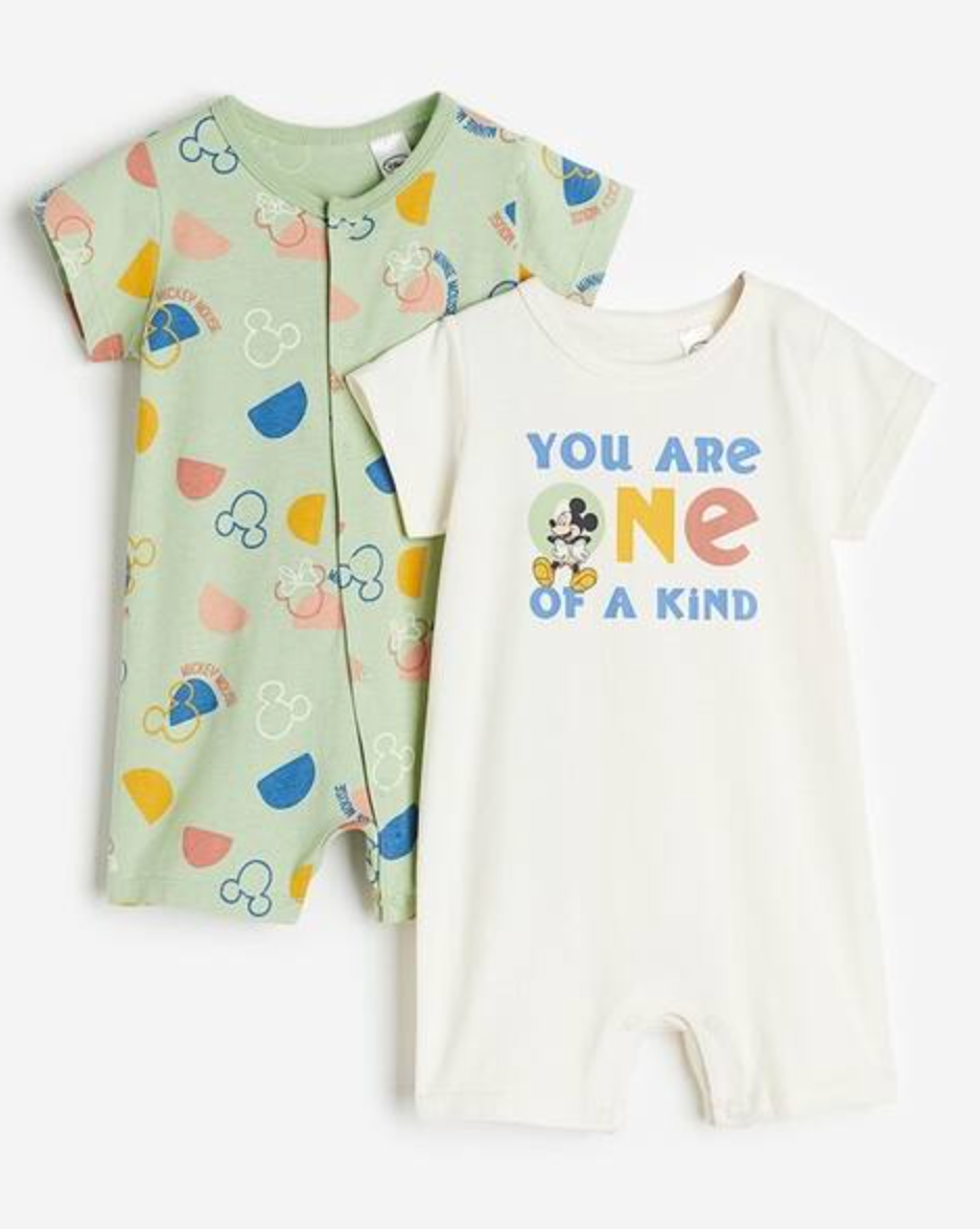 H&M Unisex Disney Mickey Mouse Set of 2 Short Sleeve Romper Age 1.5 - 2 Years