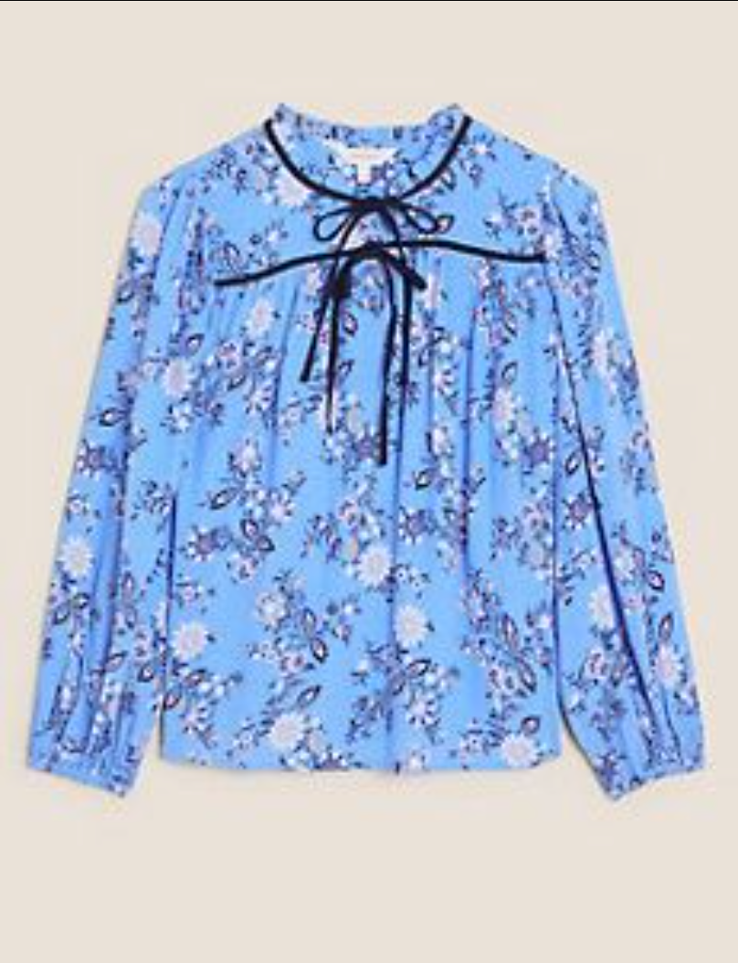 Per Una (M&S) Blue Floral Tie Neck Boho Blouson Sleeve Blouse Size 10