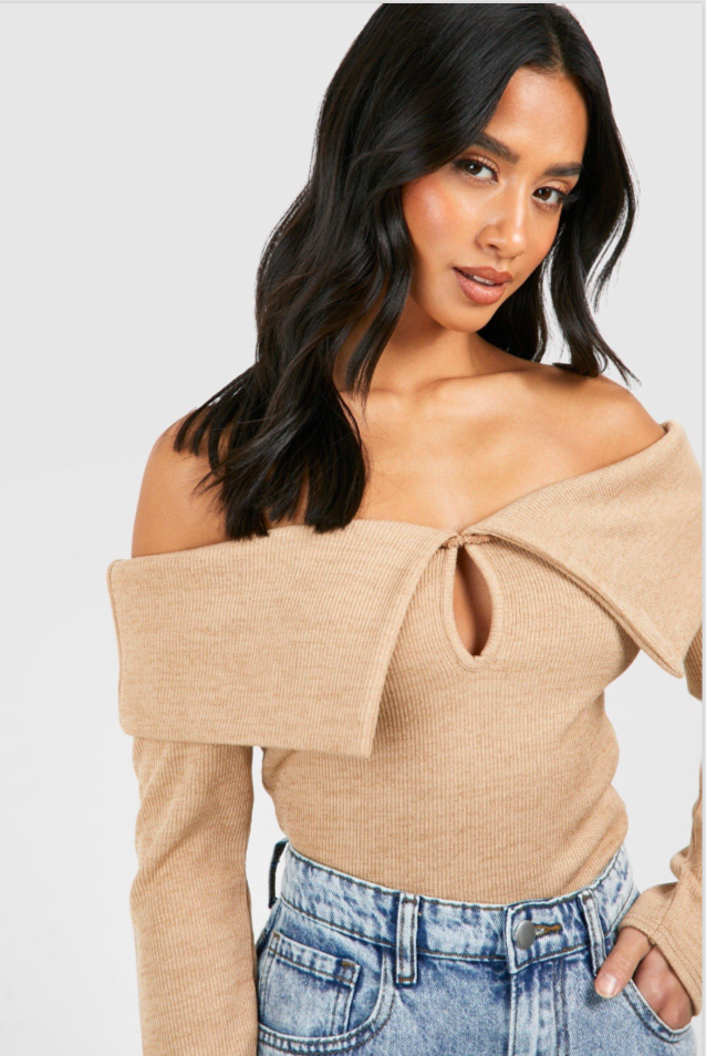Boohoo Camel Beige Knit Bardot Keyhole Off The Shoulder Top Size 10 NEW