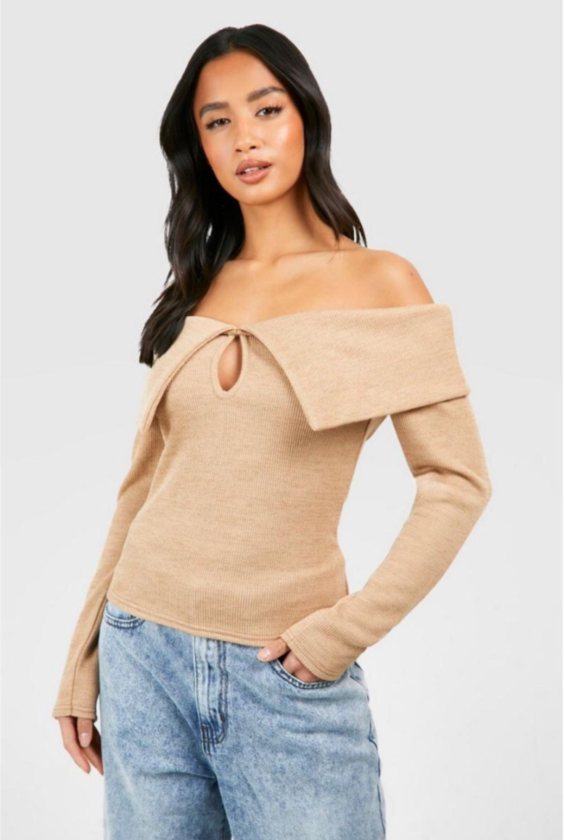 Boohoo Camel Beige Knit Bardot Keyhole Off The Shoulder Top Size 10 NEW