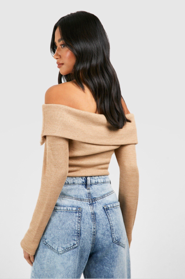Boohoo Camel Beige Knit Bardot Keyhole Off The Shoulder Top Size 10 NEW