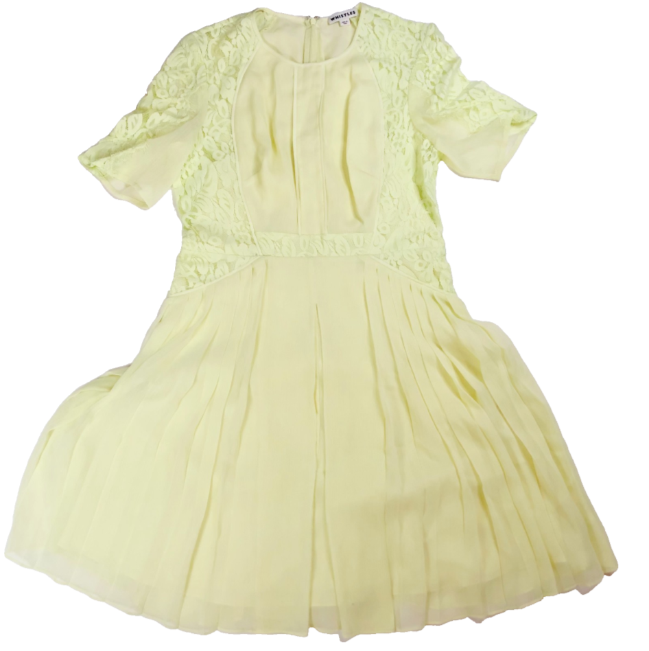 Whistles Iris Light Yellow Lace Pleated Summer Chiffon Midi Tea Dress Size Uk 14