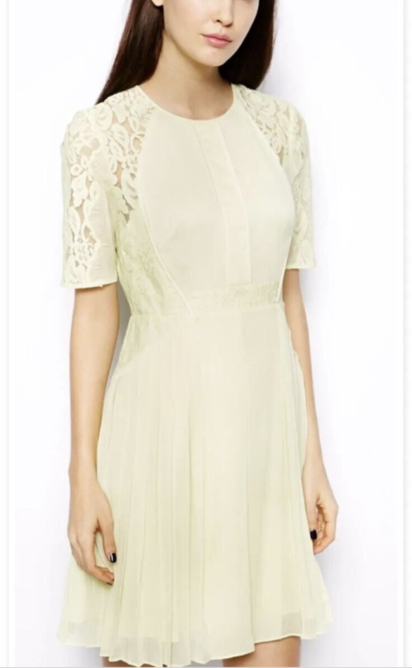 Whistles Iris Light Yellow Lace Pleated Summer Chiffon Midi Tea Dress Size Uk 14