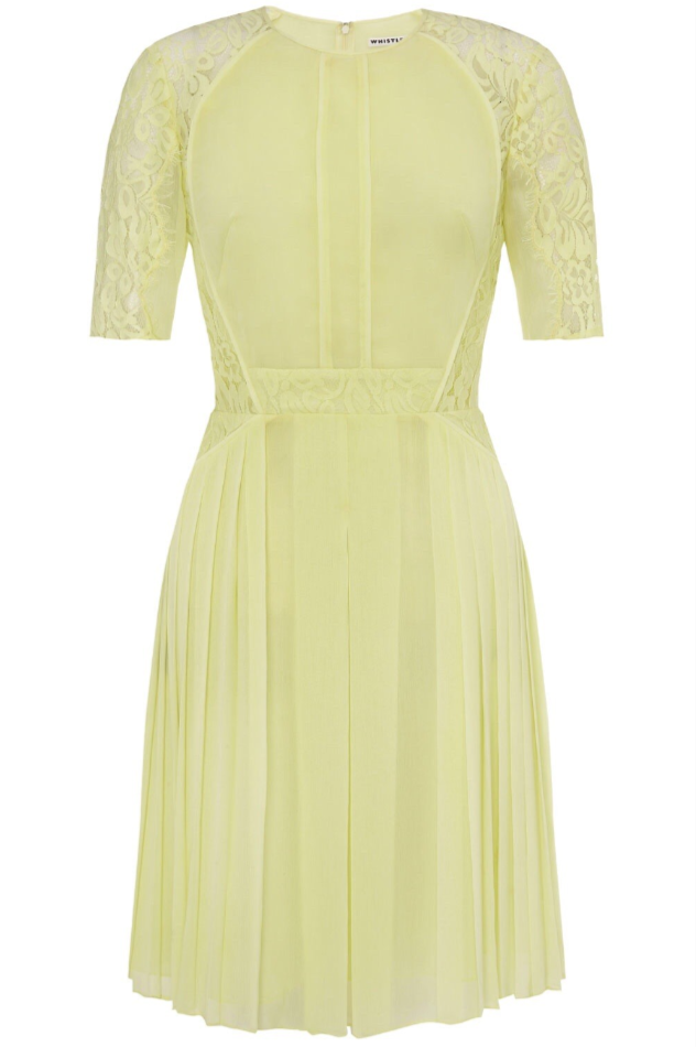 Whistles Iris Light Yellow Lace Pleated Summer Chiffon Midi Tea Dress Size Uk 14
