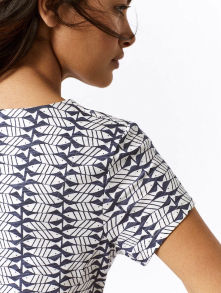 White Stuff Navy Blue & White Fish Print Pippi Summer Mini Dress Tunic Size 14