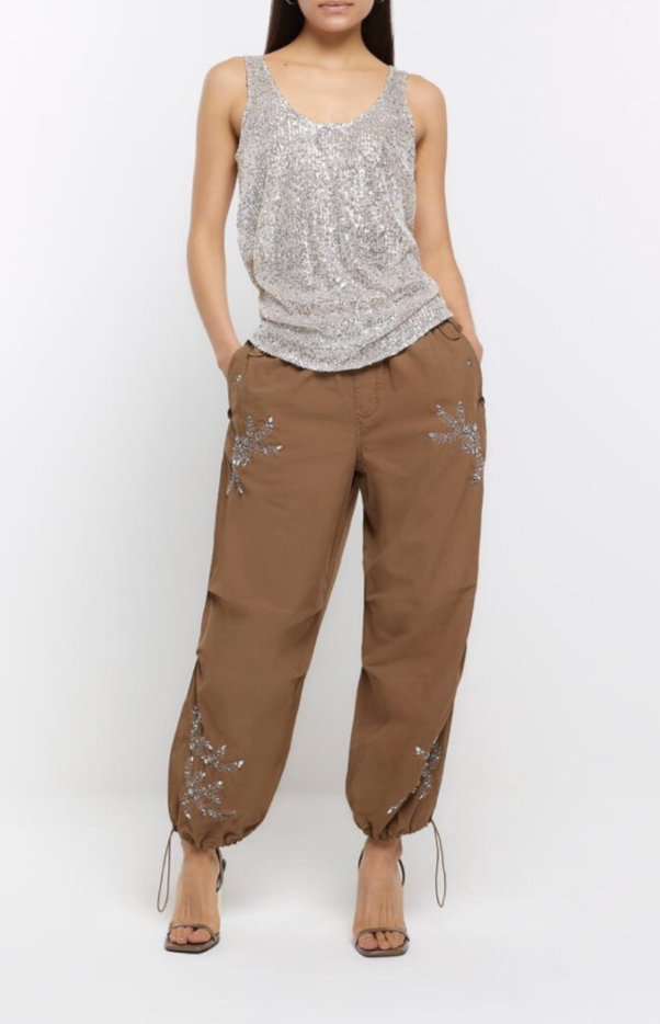 In Other Words (River Island) Pale Orange Floral Beaded Baggy Cargo Utility Parachute Pants Size 10