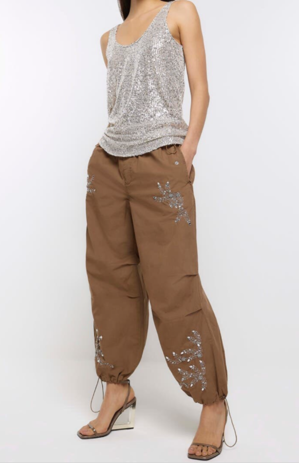In Other Words (River Island) Pale Orange Floral Beaded Baggy Cargo Utility Parachute Pants Size 10