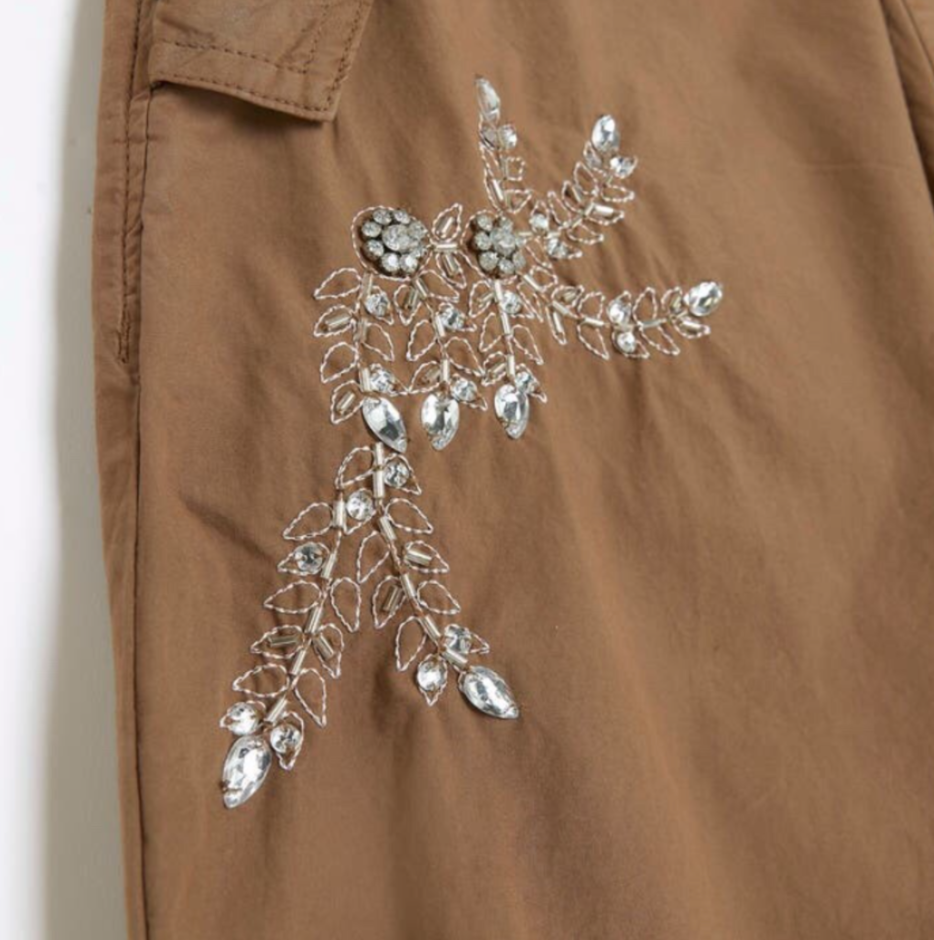 In Other Words (River Island) Pale Orange Floral Beaded Baggy Cargo Utility Parachute Pants Size 10