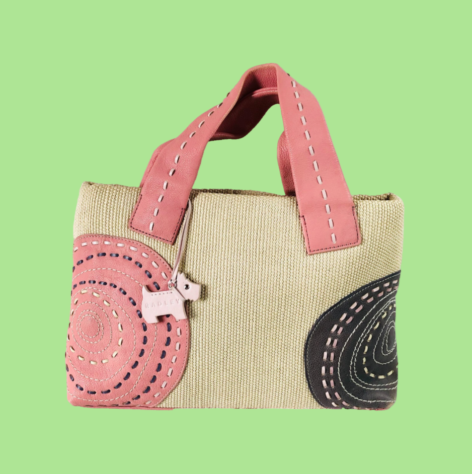 Radley Leather Woven Fabric Pink Embroidered Circle Pattern Handbag Dog Charm