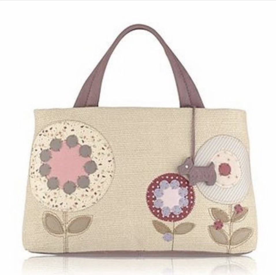 Radley Woven & Leather Beige Lavender Grab Bag Handbag Flower Appliqué Dog Charm
