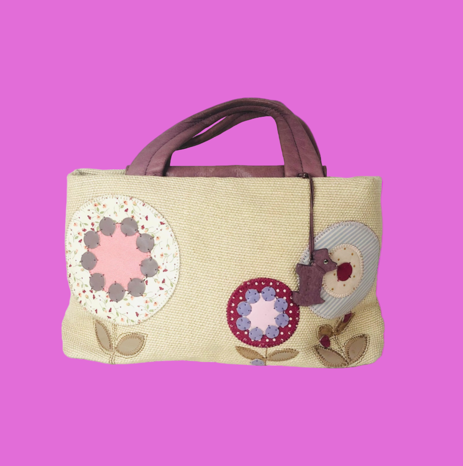 Radley Woven & Leather Beige Lavender Grab Bag Handbag Flower Appliqué Dog Charm