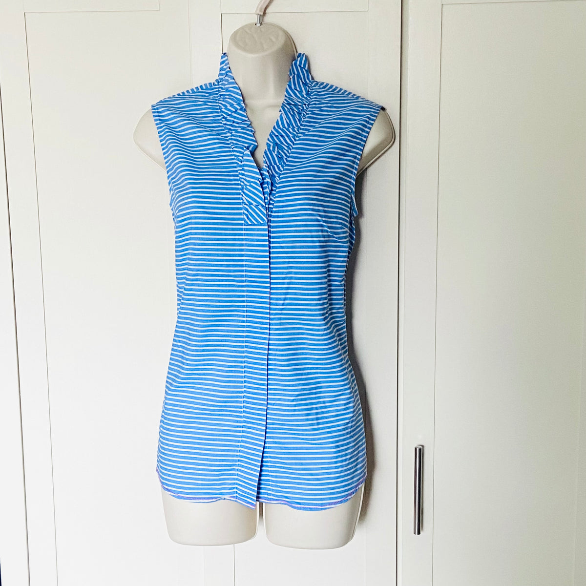 Antoni & Alison | Blue & White | Striped | Sleeveless Ruffle Shirt | Old Money | Nautical | Y2K | Size Small (UK 10)