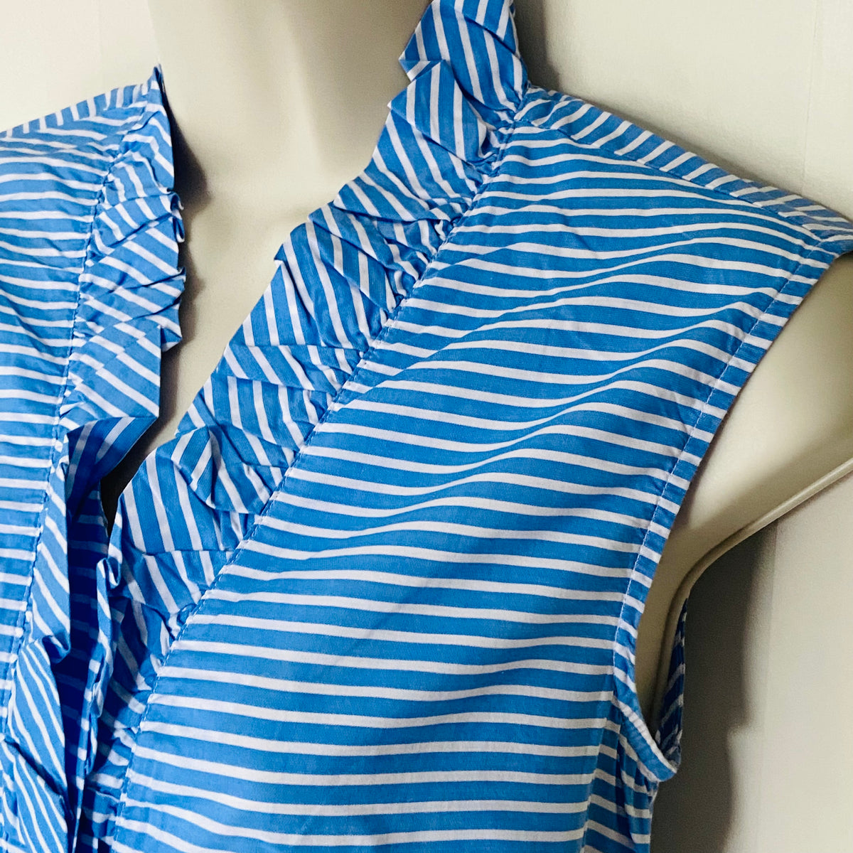 Antoni & Alison | Blue & White | Striped | Sleeveless Ruffle Shirt | Old Money | Nautical | Y2K | Size Small (UK 10)