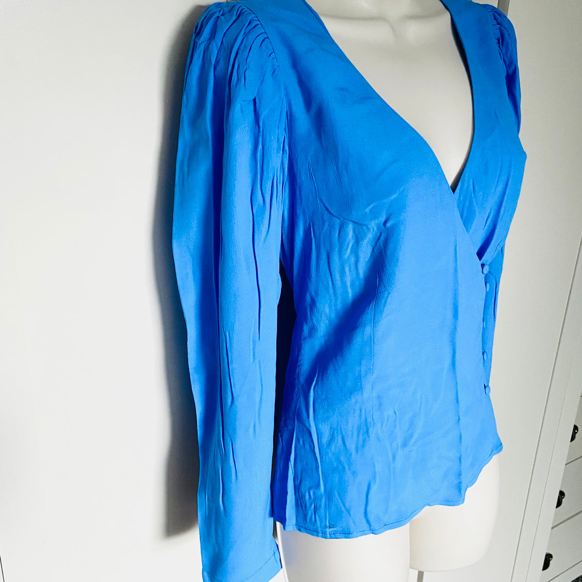 Mango | Light Blue | Lightweight Crossover Button Blouse | Long Sleeve | Relaxed Fit | Size Small | NEW