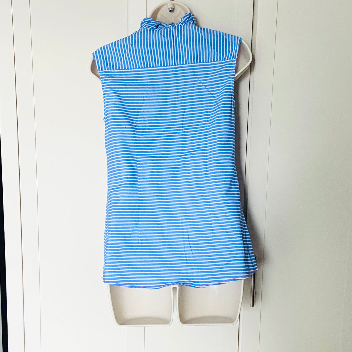 Antoni & Alison | Blue & White | Striped | Sleeveless Ruffle Shirt | Old Money | Nautical | Y2K | Size Small (UK 10)