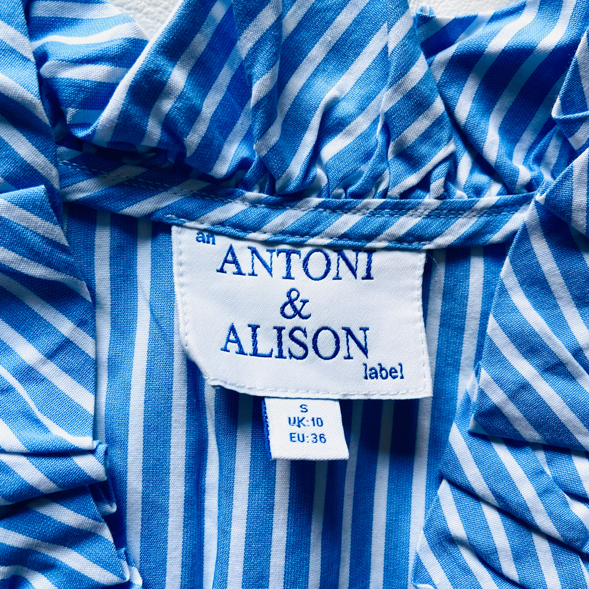 Antoni & Alison | Blue & White | Striped | Sleeveless Ruffle Shirt | Old Money | Nautical | Y2K | Size Small (UK 10)