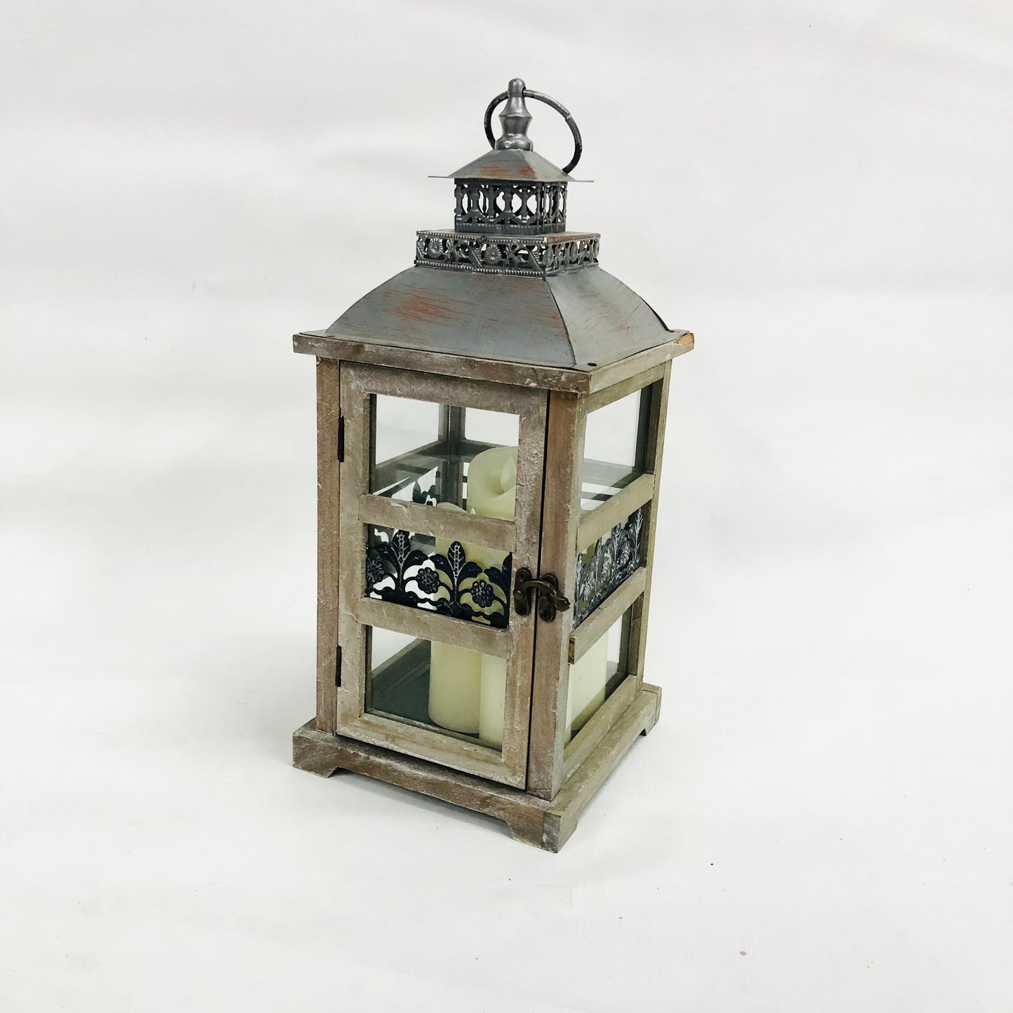 Shabby Chic Rustic 15.5" Wooden & Tin Lantern Flickering w/ 4x LED Candles Home Wedding Decor