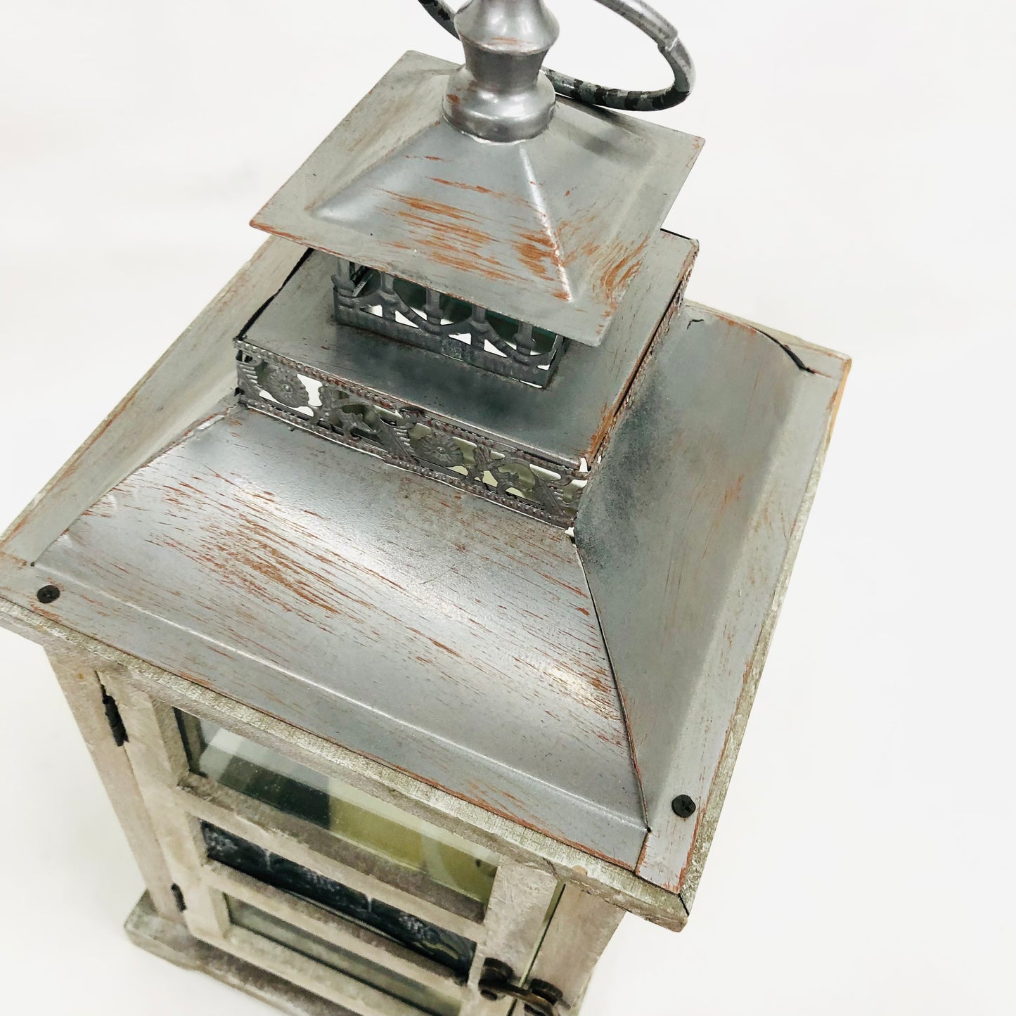 Shabby Chic Rustic 15.5" Wooden & Tin Lantern Flickering w/ 4x LED Candles Home Wedding Decor