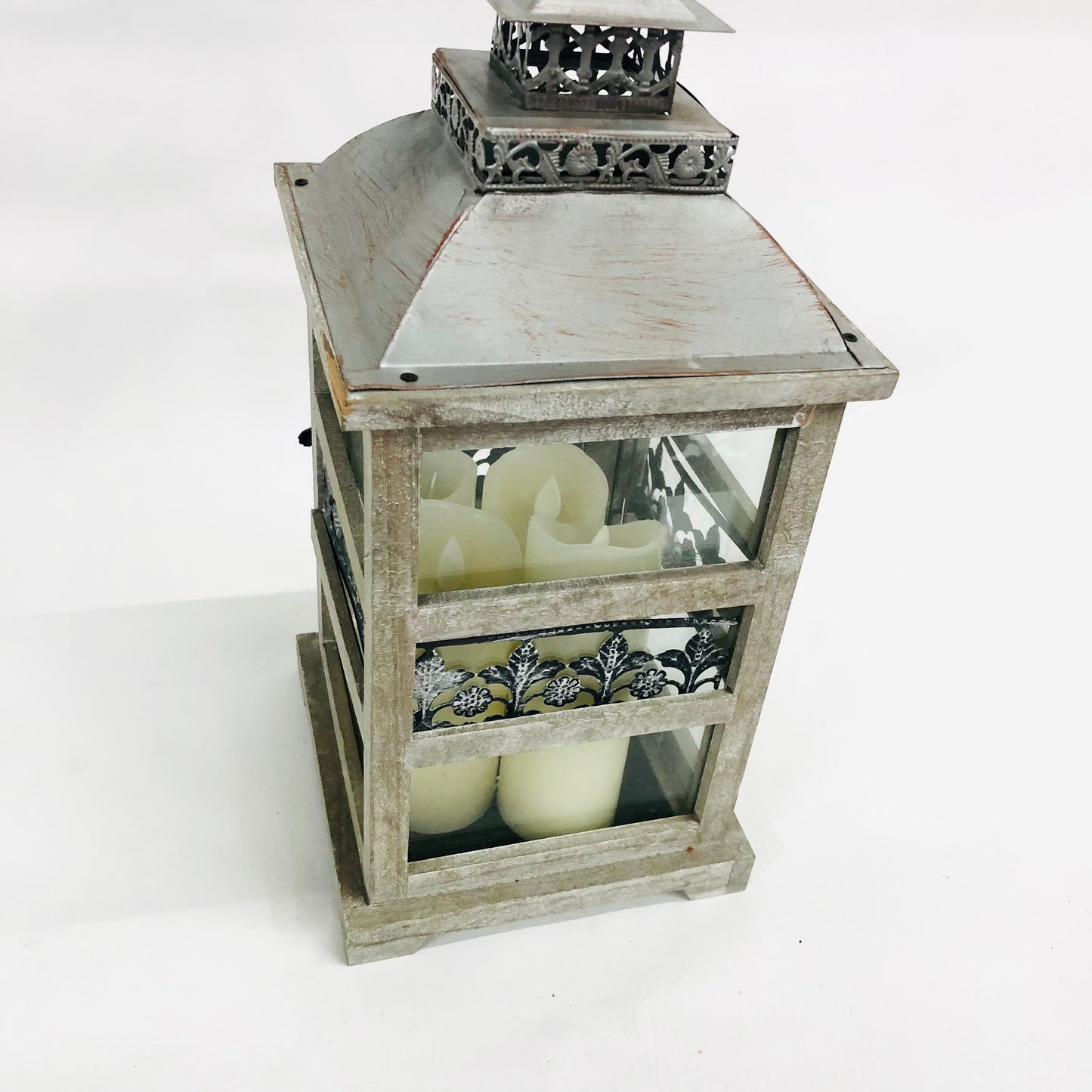 Shabby Chic Rustic 15.5" Wooden & Tin Lantern Flickering w/ 4x LED Candles Home Wedding Decor