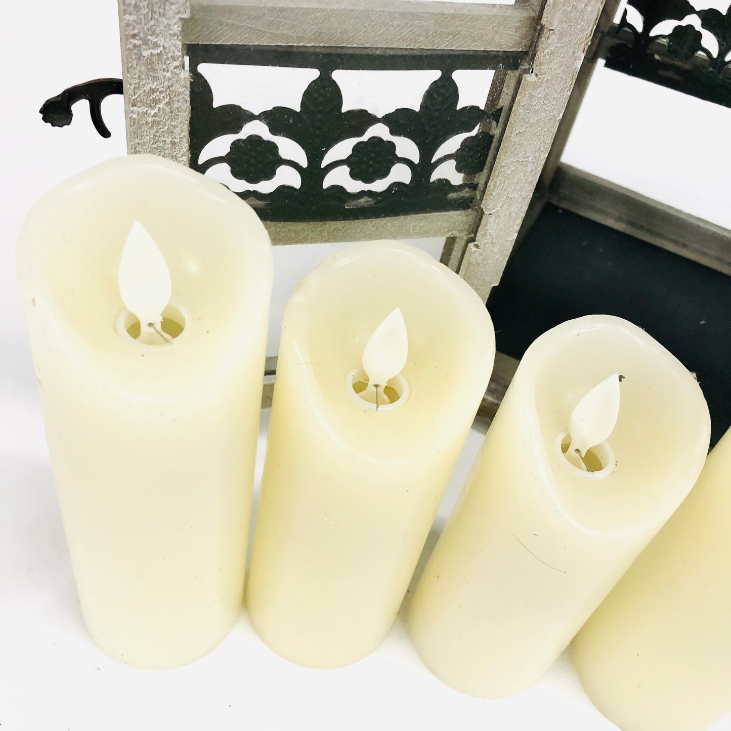 Shabby Chic Rustic 15.5" Wooden & Tin Lantern Flickering w/ 4x LED Candles Home Wedding Decor