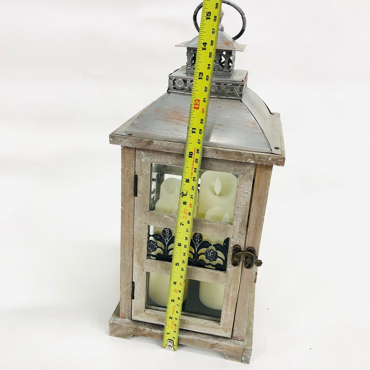 Shabby Chic Rustic 15.5" Wooden & Tin Lantern Flickering w/ 4x LED Candles Home Wedding Decor