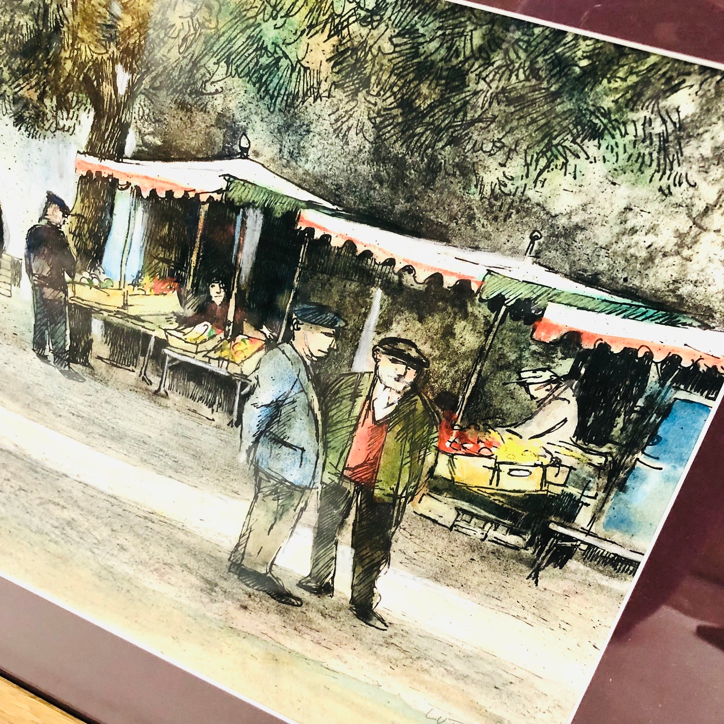 Peter Luther (b.1926) Ink & Watercolour Painting French Market Scene Framed Art
