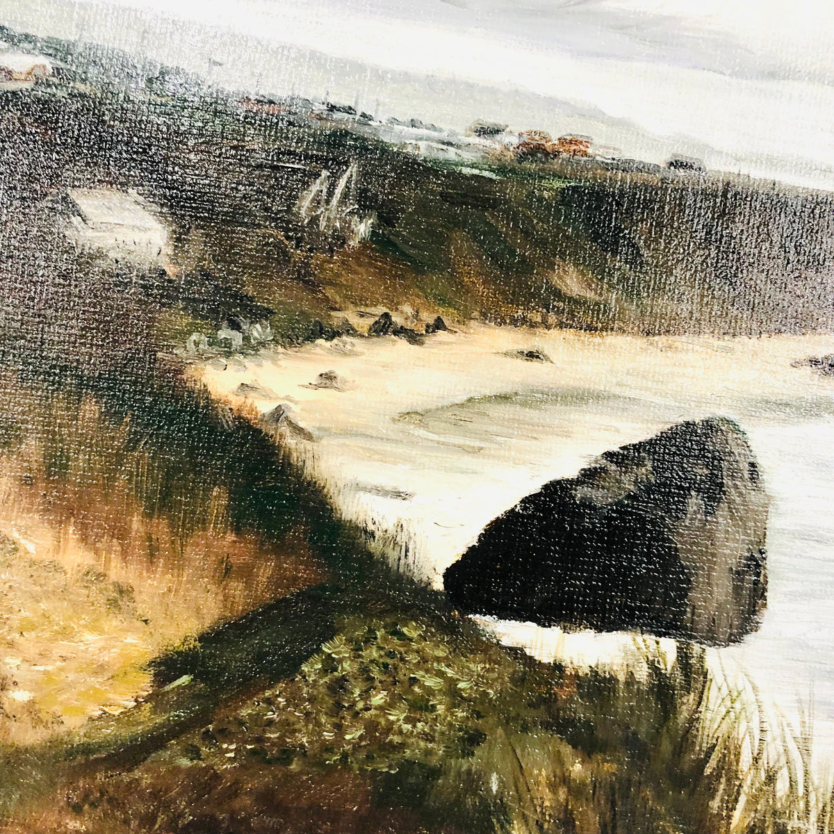Original M.E Wood (1979?) Seascape Oil Painting Coast Rocks Beach Gold Frame