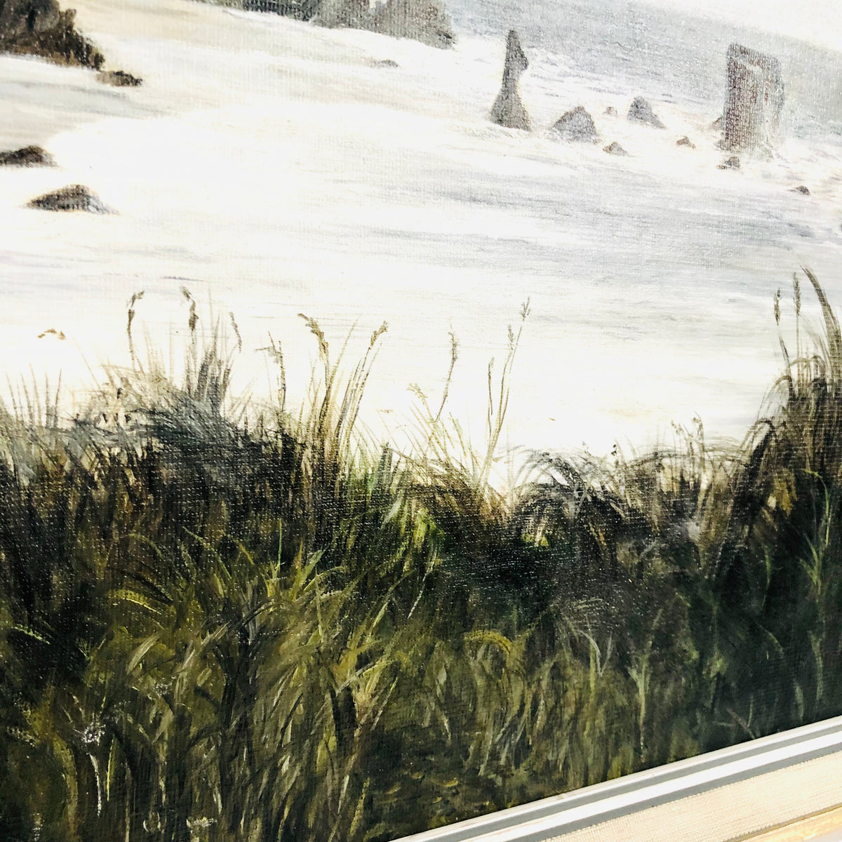 Original M.E Wood (1979?) Seascape Oil Painting Coast Rocks Beach Gold Frame
