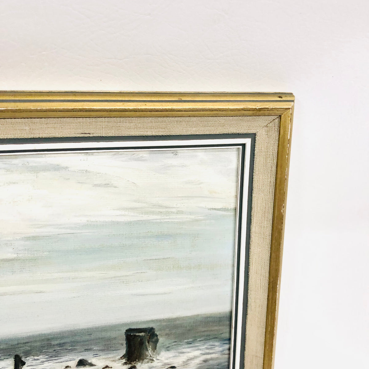 Original M.E Wood (1979?) Seascape Oil Painting Coast Rocks Beach Gold Frame