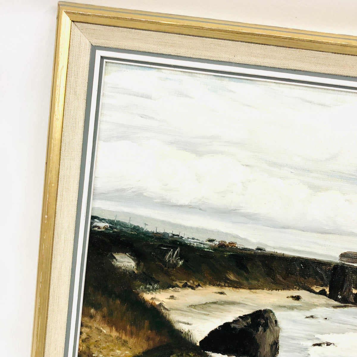 Original M.E Wood (1979?) Seascape Oil Painting Coast Rocks Beach Gold Frame