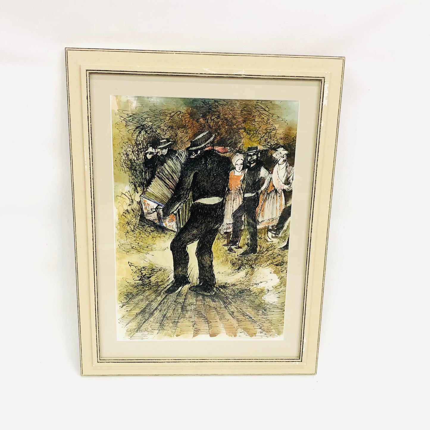 Peter Luther (b.1926) Ink & Watercolour Painting Accordion Player Framed Art